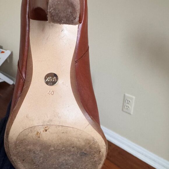 Zara Knee High Mid Height Brown Leather Heeled Boots - Picture 4 of 9